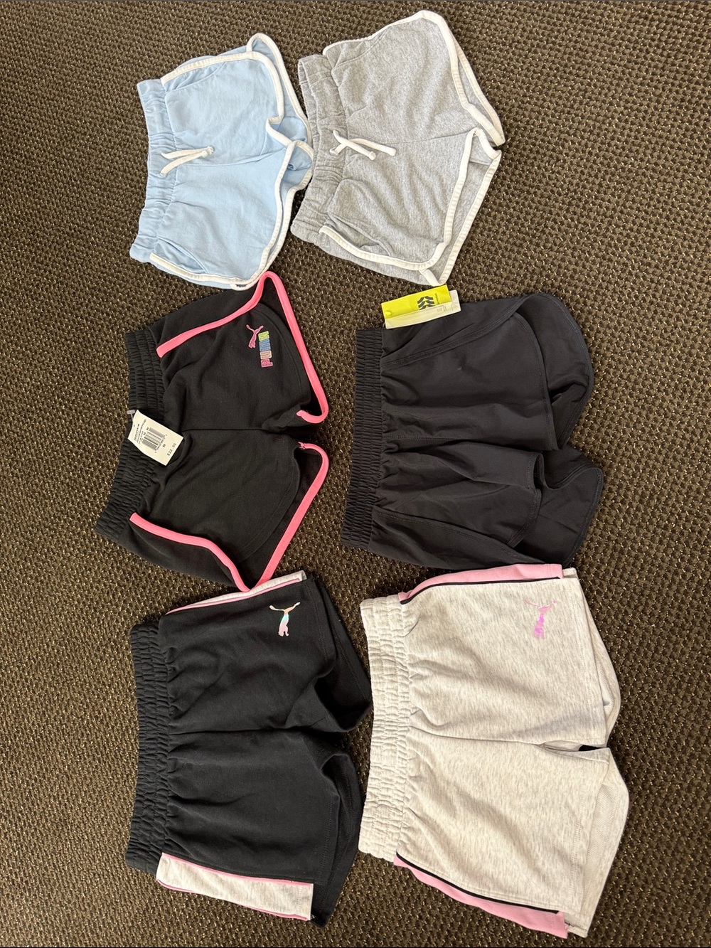 Puma/old navy Kids Shorts Bundle - Black, Light Blue, Gray with Pink Trim